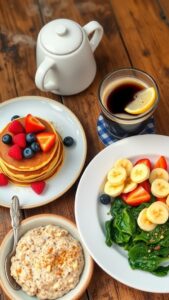 A delicious breakfast spread with pancakes, overnight oats, and scrambled eggs with spinach on a rustic table.