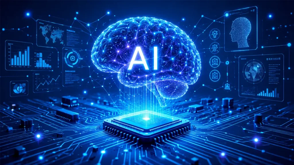 Artificial Intelligence concept with digital brain and computer circuits
